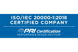 A blue certification badge stating "ISO/IEC 20000-1:2018 CERTIFIED COMPANY," issued by PRI Certification (Performance Review Institute).