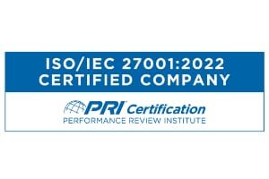 ISO/IEC 27001:2022 Certified Company badge featuring the logo of the PRI Certification, Performance Review Institute.